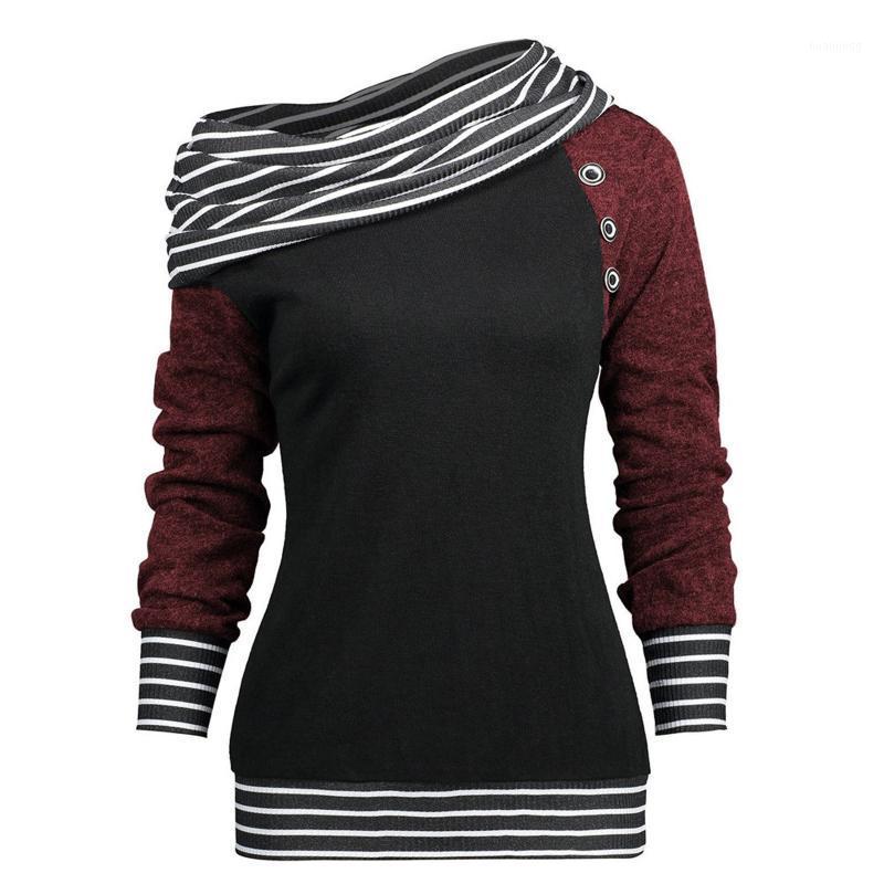 

Women Hoodies Skew Neck Long Sleeve Stripe Pullover Buttons Harajuku Sweatshirt Female Autumn Jumper Casual Women's & Sweatshirts, Wine