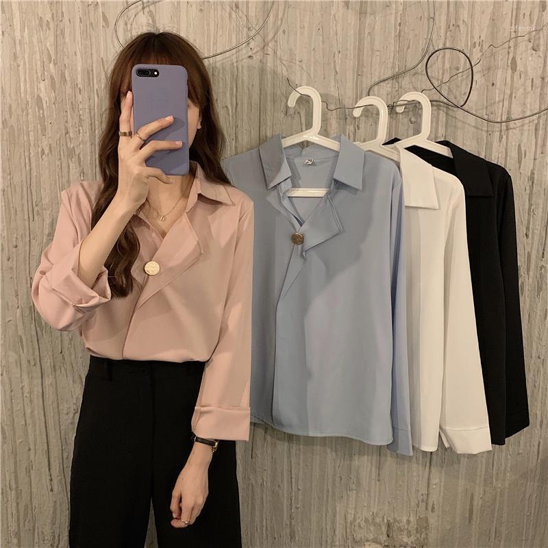 

Women's Blouses & Shirts Turn Down Collar Long Sleeve Women Tops Vintage Simple Design 2022 Autumn Elegant Temperament Ol Office Lady Blusas, Black