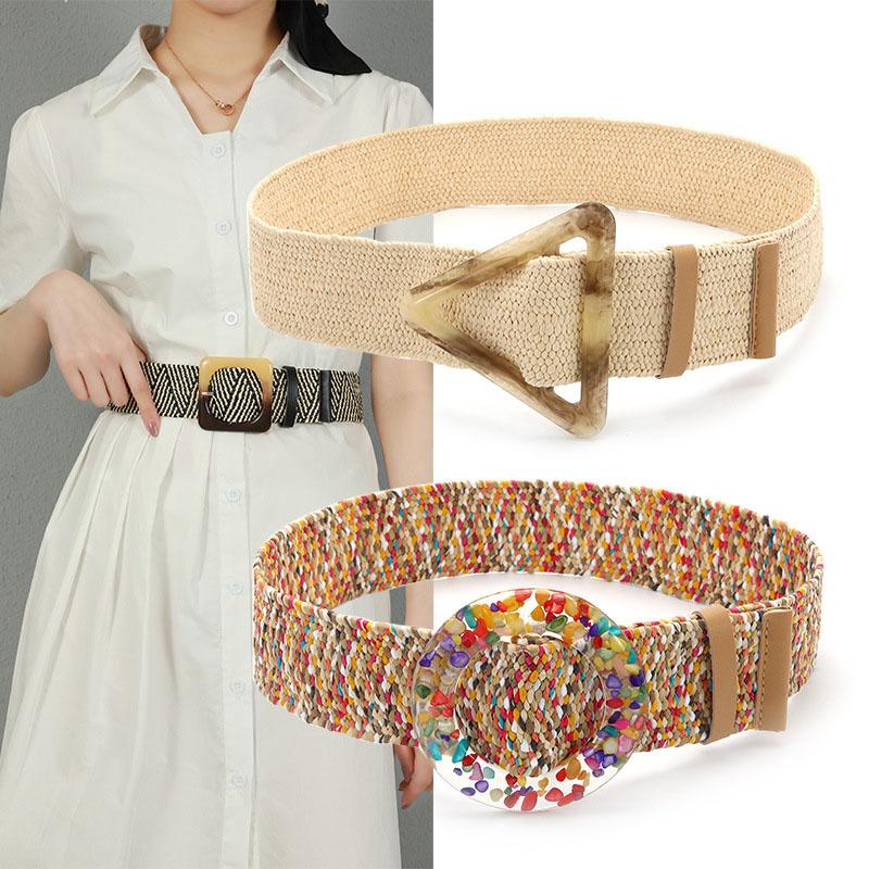 

Belts Summer Fashion Elastic PP Grass Woven Wide Belt Bohemian Round Buckle Square Decorative Dress Women WaistbandBelts, Black
