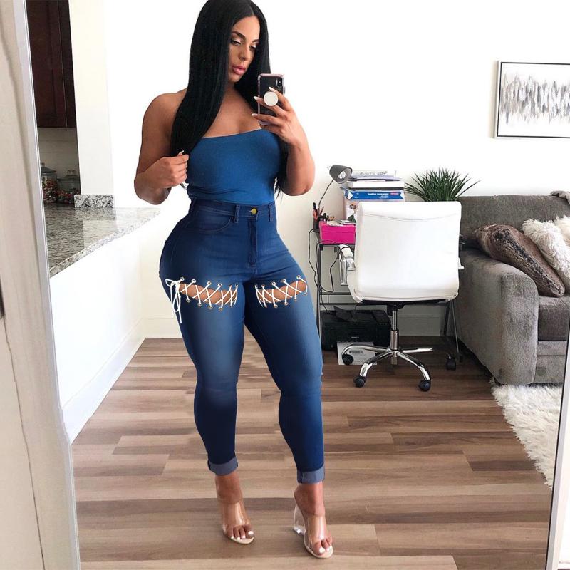 

Women' Jeans 2022 Ripped Women Clothing Fashionable High Waist Denim Trousers Creative Lace Up Fashion Casual Pencil Pants, Dark blue