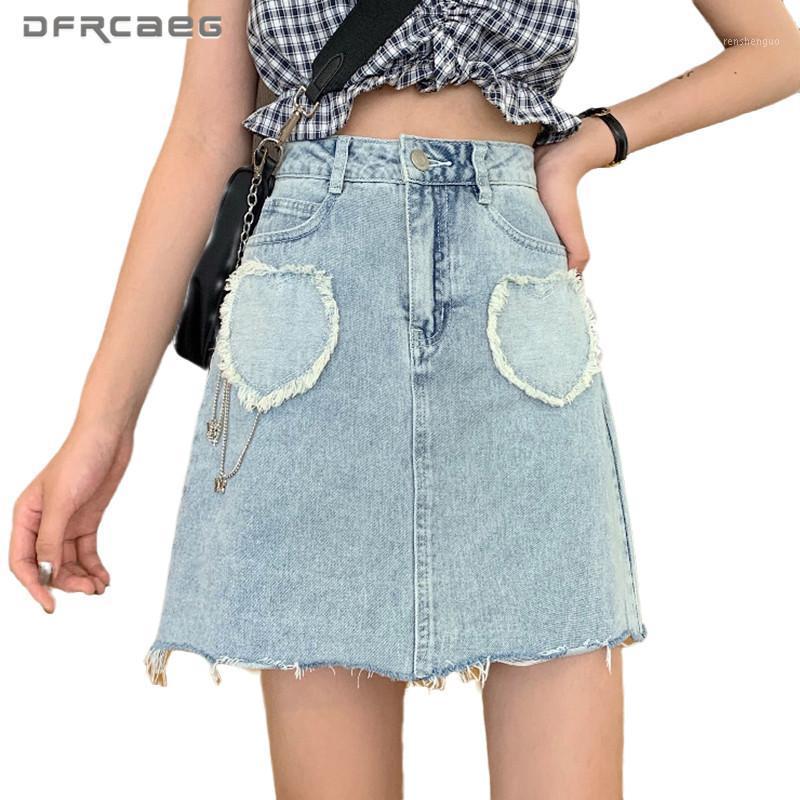 

Light Blue Womens Denim A-Line Skirts With Love Edge 2022 Summer High Waist Vintage Ladies Jeans Mini Skrit Female Saia