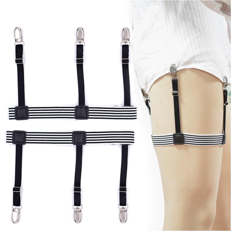 

Belts 2pcs Mens Shirt Stays Garters Belt Holders With Non-slip Locking Clamps Black White Stripes Leather Suspenders