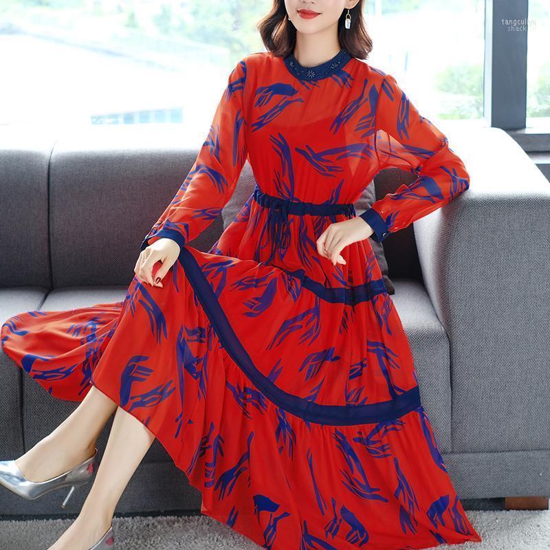 

Casual Dresses Autumn Winter Vintage Red Floral Mulberry Silk Midi 2022 3XL Plus Size Dress Women Elegant Bodycon Party Vestidos