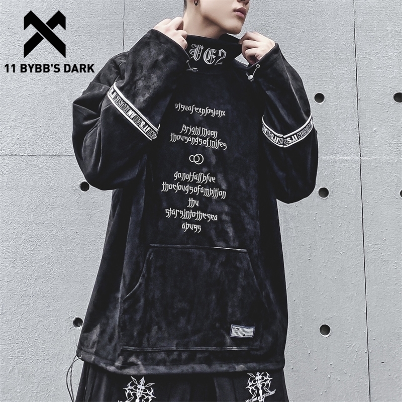 

11 BYBBS DARK Vintage Embroidery Hip Hop Hoodie Techwear Tactical Streetwear Hoodie Sweatshirt Mens Streetwear Pullover Cotton 201113, Black