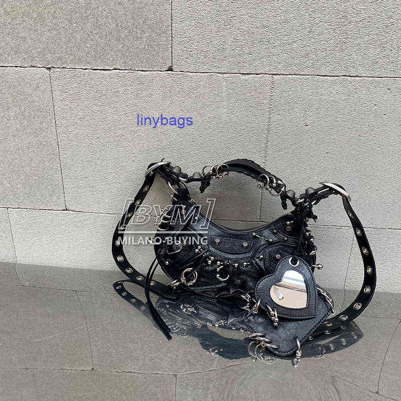 

designer bags balencaigass XS lecagole rivet underarm motorcycle bag, Black