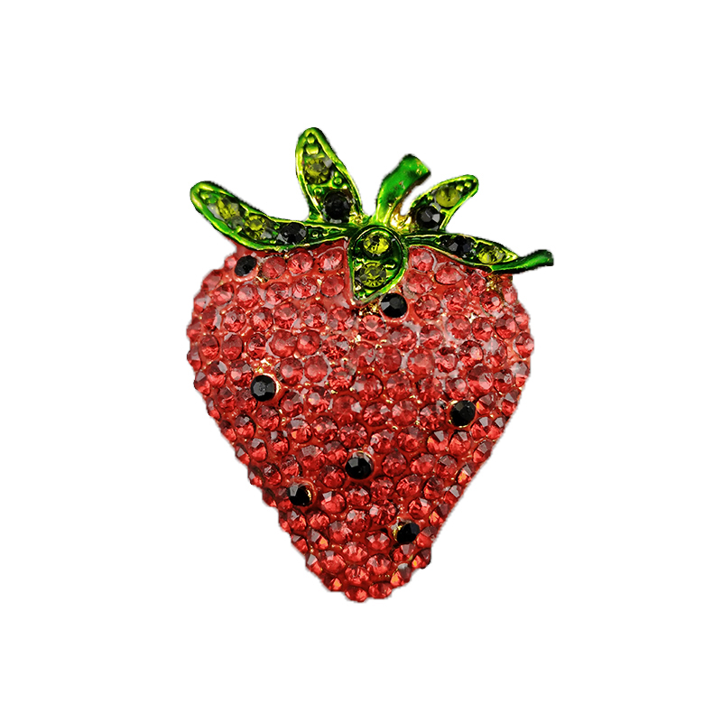 100pcs/lot 1.6x1.24 Inches Cute Red Rhinestone Strawberry Brooch - Gold-Tone Sweet Fruit Pin-image-408458760