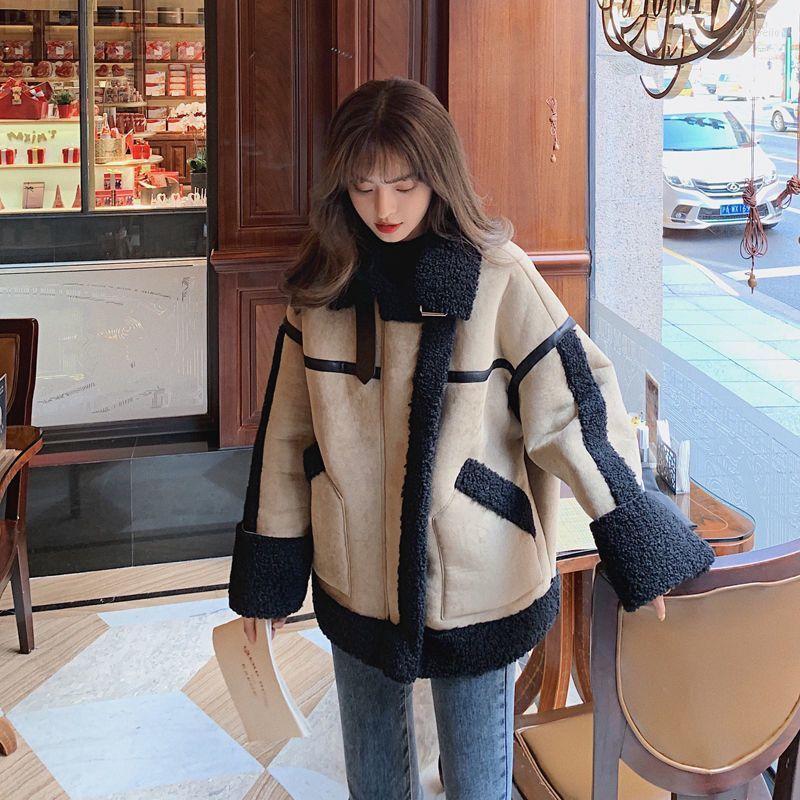 

Women's Wool & Blends Retro Lapel Stitching Sheepskin Clothes Korean Loose Student Leather Fur Thickened Warm Furry Coat Women 2022 Winter J, Khaki