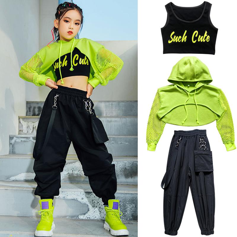 

Stage Wear Jazz Costume Hip Hop Girls Clothing Green Tops Net Sleeve Black Pants For Kids Performance Modern Dancing Clothes, Vest