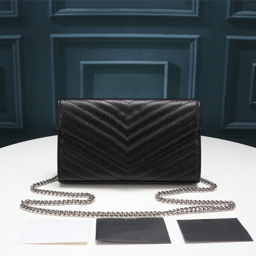 

5A Evening Bags Fashion women's Chains shoulder bag handbag envelope type WOC 3-color Leather wear-resistant texture 2 sizes of detachable messenger belt card slot, Black gold chain
