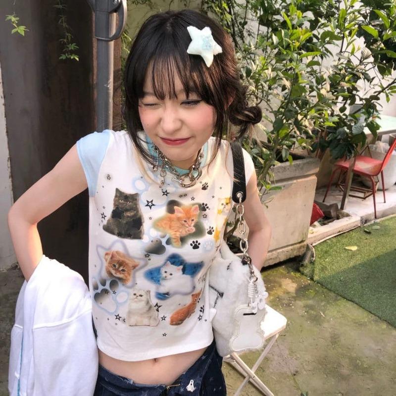

Women' T-Shirt Y2k T Shirt Kawaii Cat Print Short Sleeve Women Aesthetics Anime Patchwork Crop Top Harajuku Tee Shirts Vintage Clothes Kore, White