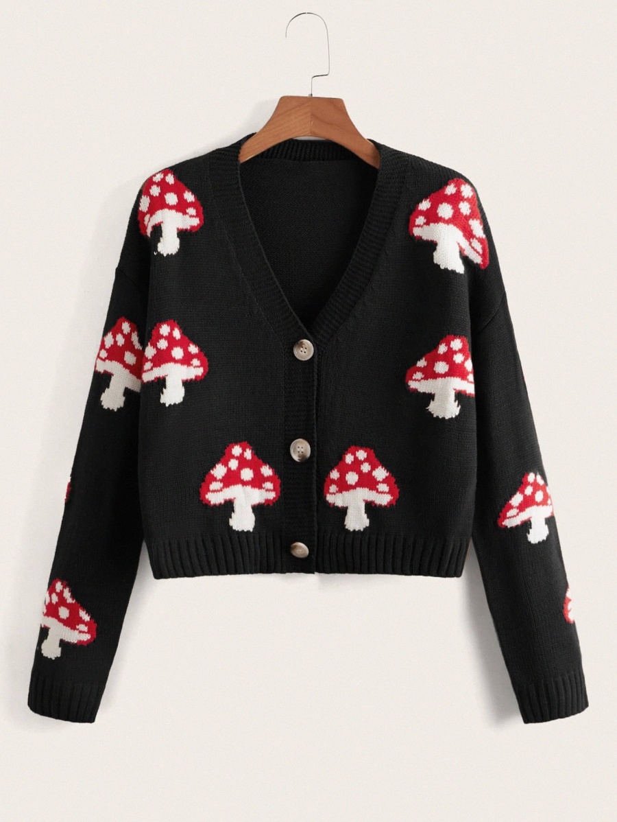 

mushroom Pattern Cardigan b0bY#, Black