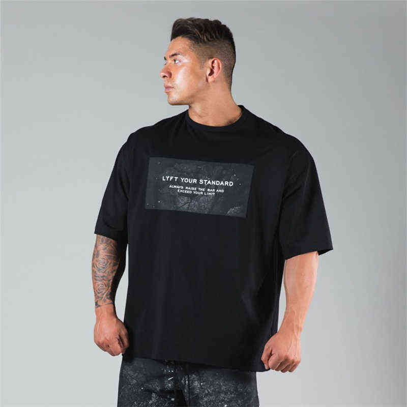 

Workout Clothing Cotton Loose Fit Gyms T Shirts Men Short Sleeve T Shirt Muscle Gyms Fitness Clothing Bodybuilding Tees Tops J220727, Black