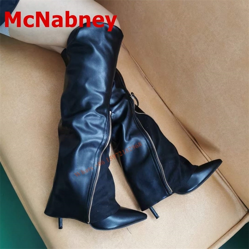 

Sexy Shark Zipper Boots Knee High Pointed Toe Style Women Dress Shoes Thin High Heel Solid Leather Pant Boots Autumn Runway 220813, As pic