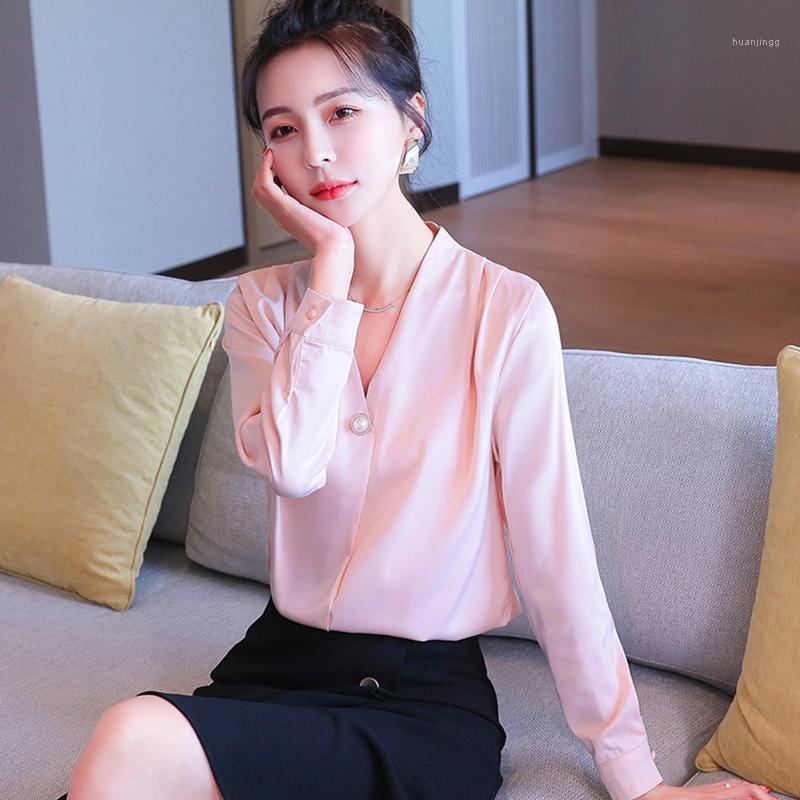 

Autumn V-neck Long-sleeved Imitation Satin Silk Shirt Women Blouse Pearl Button Chiffon Ladies Tops Casual OL Work Women' Blouses & Shirts, Black