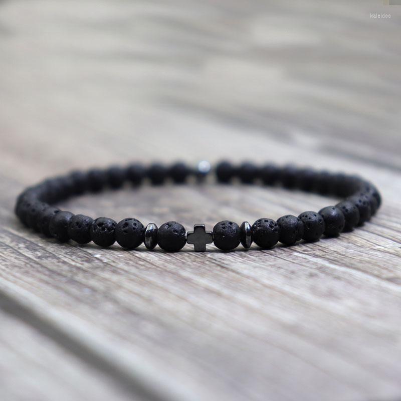 

Charm Bracelets 4mm Small Bead Bracelet For Men Natural Hematite Cross Braclet Women Fashion Lava Stone Braslet Handmade Yoga Jewelry Gift