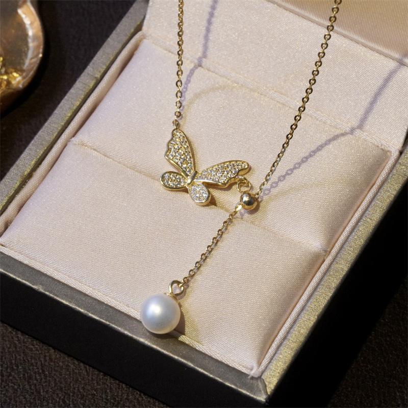 

Chains Fashion Silver Color Butterfly Necklace For Women Korean Version Niche Tassel Pearl Clavicle ChainChains