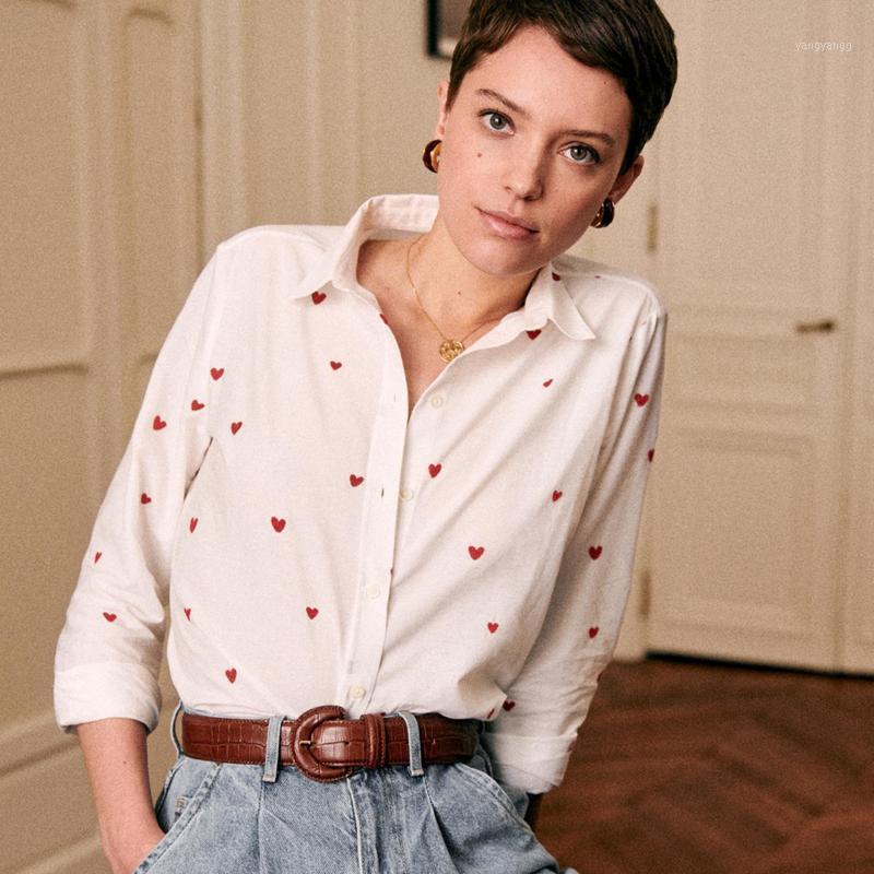 

Women' Blouses & Shirts Embroidery Red Hearts Autumn Woman Long Sleeves Turn-down Collar Chic Female Spring Vintage Casual Chemises, White