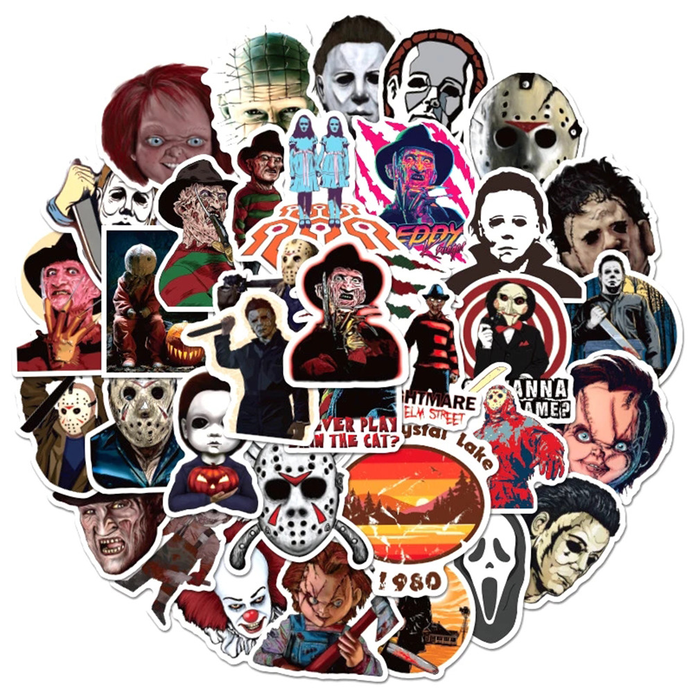

New Waterproof 10/30/50pcs/pack Horror Movies Group Graffiti Stickers For Notebook Motorcycle Skateboard Computer Mobile Phone Cartoon Toy Box Car sticker, Black