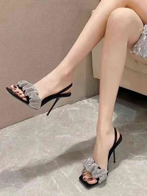

Rhinestone one line 2022 summer new style square head thin high heel sexy fairy sandals, Black (7cm)