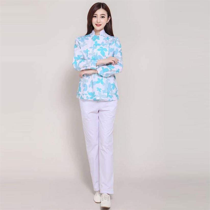 

Women Fashion blue printed medical uniform Beautician long sleeve stand collar scrub sets nurse work lab coat329J