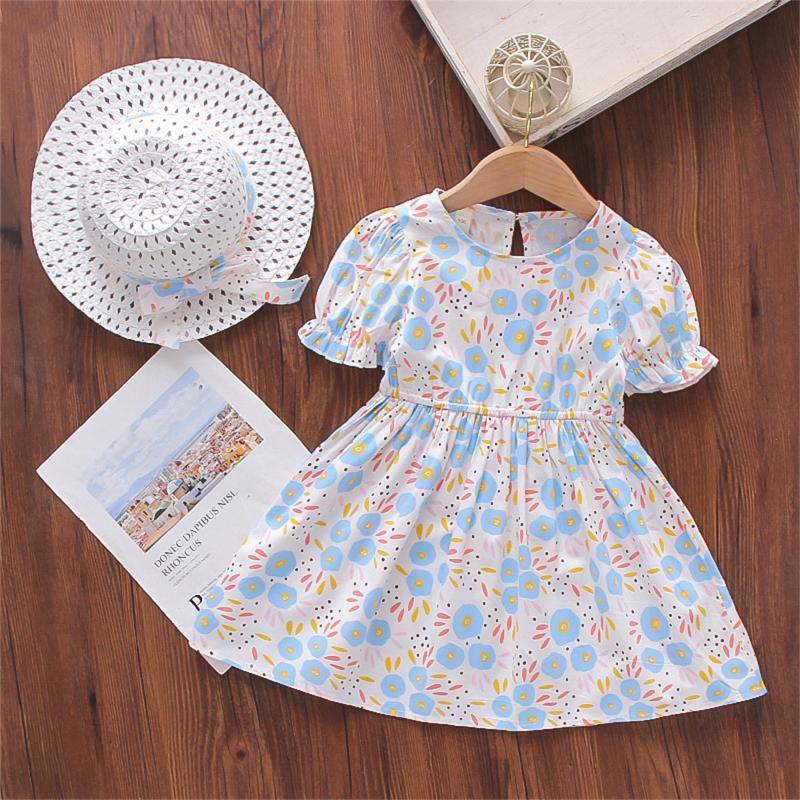 

Girl's Dresses Personalized Dress Beach Print Toddler Kids Girls Baby Clothes Hat Outfits Summer Floral Swing Girl Puffy DressGirl's, Light blue