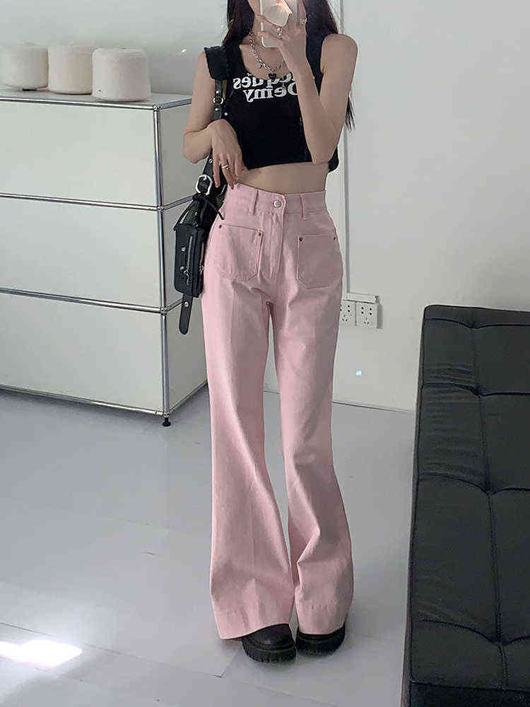 

HOUZHOU Y2K Pink Flared Jeans Women Korean Fashion Baggy Pants Harajuku High Waist Pockets Denim Trousers Female Egirl Street T220728