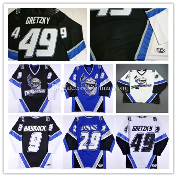 

Danbury Trashers UHL Hockey Jersey Custom 49 Brent Gretzky 29 Scott Stirling 9 Mike Bayrack 42 Brad Wingfield 16 Mike Rupp 17 GALANTE 28 Jon, Man blue
