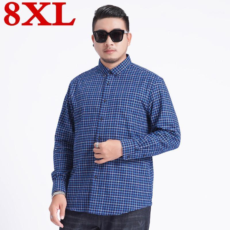 

Size 2022 8XL Big 7XL Men's Plaid Checked Oxford Button-down Shirt Single Patch Pocket Casual Long Sleeve Gingham Shirts, Blue
