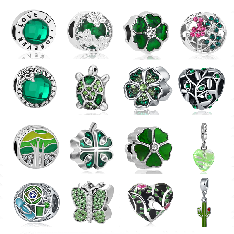 925 Sterling Silver Dangle Charm 4pcs green love is forever flowre clover diy Beads Bead Fit Charms Bracelet DIY Jewelry Accessories