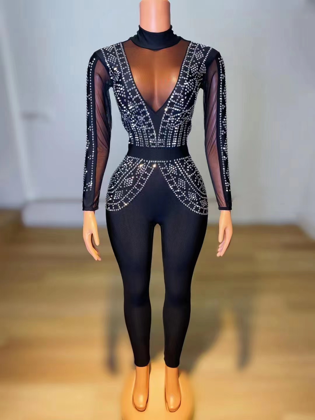 Silver Rhinestones Black Stage Wear Mesh Jumpsuit Sexy Performance Rompers Female Singer Birthday Dance Wear Stretch Outfit