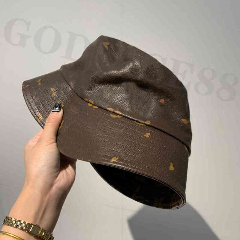 

L Brown Bucket Hat Fashion Digner Fisher Leather Buckets Hats Baseball Caps For Men Wo Beanie Casquett Patchwork High Quality Sunhat, A(no box)
