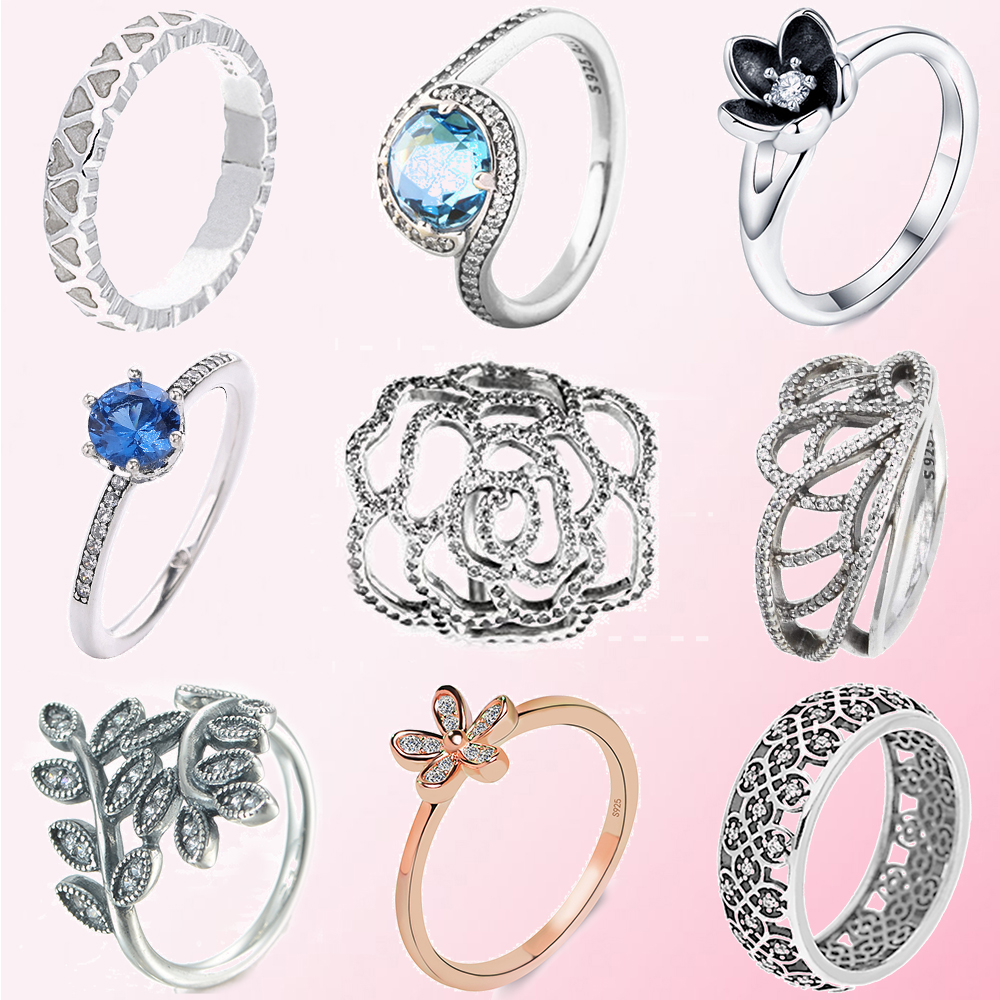 

925 Sterling Silver Rings Butterfly Shimmering Rose Sparkling Crown Ring Leaf Daisy Flower Heart Heart Original Fit Pandora ring Jewelry Making DIY Gift