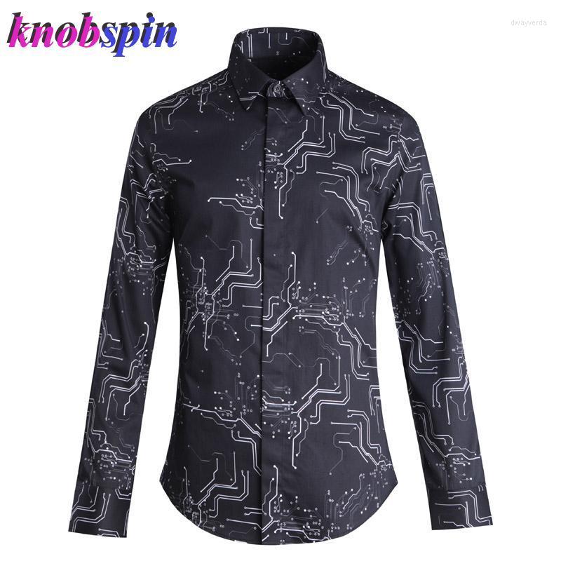 

Men's Dress Shirts Electronic Pattern Printed Mens Slim Shirt Long Sleeve Chemise Homme Brand Quality Pure Cotton Men Plus Size M-4XL Camisa, Black
