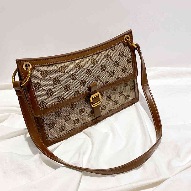 

soft leather women's bag 2022 new one shoulder underarm bag versatile printed messenger bag, Coffee