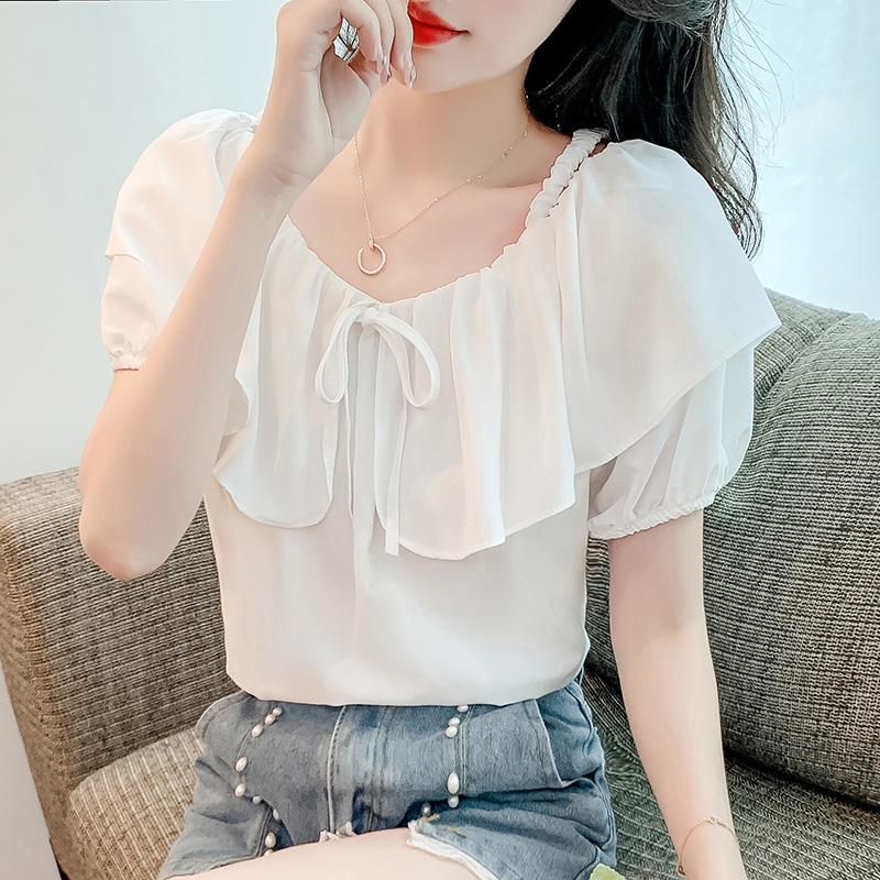 

Women' Blouses & Shirts Summer Short Sleeve Blouse Women White Chiffon Shirt Tops Blusas Mujer De Moda 2022 Slash Neck Sling ShirtsWomen, Green