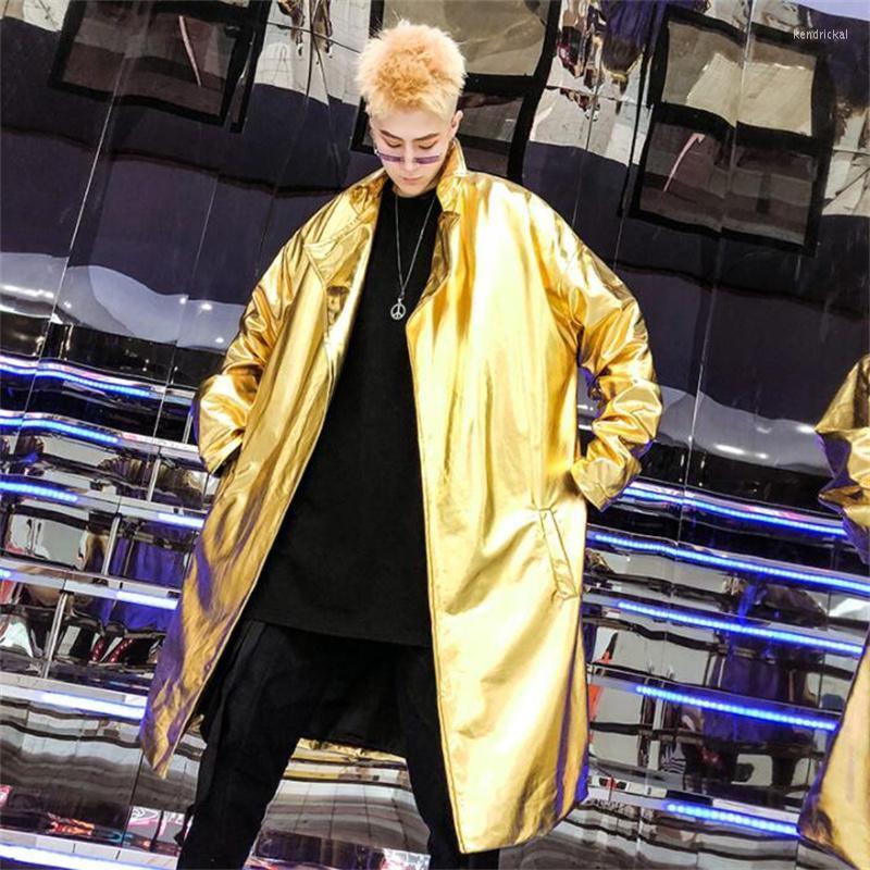 

Men's Trench Coats Shiny Reflective Coat Men And Women Windbreaker Concert Jacket Nightclub Stage Performance Clothes Gold Silver FashionMen
