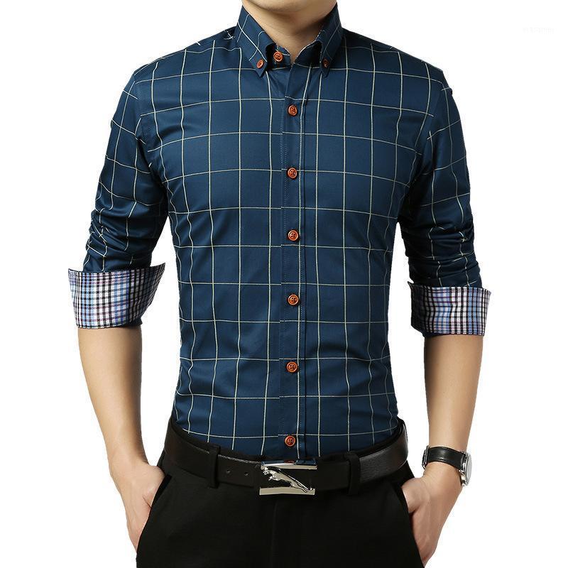 

Men Plaid Shirts Spring Social Business Casual Shirt Slim Fit Turn-Down Collar Formal Long Sleeve Camisas Para Hombre Men's, Gray