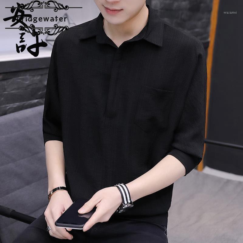 

Bridgewater Men's Three-Quarter Sleeve Shirts Summer Korean Fashion Loose Short-Sleeved Solid Color Half-Sleeved Shirt Casual, Black