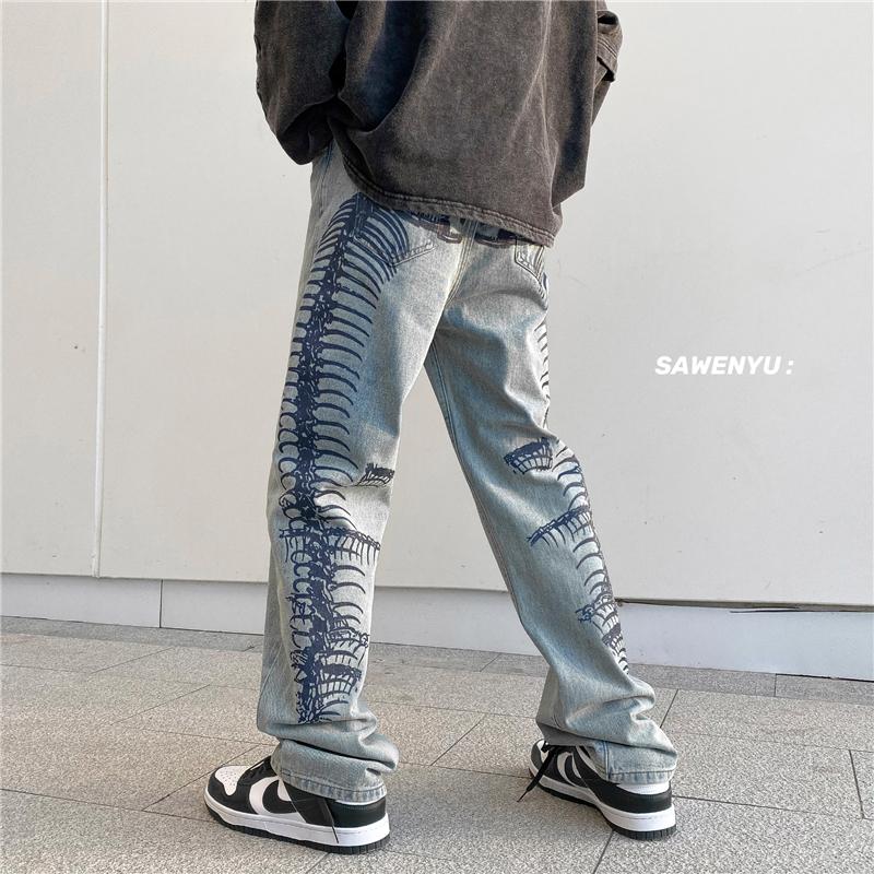 

Men's Jeans Men Snake Bones Oversized Straight Black Skeleton Pants 2022 Denim Mens Streetwear Hip Hop Harem Jean PantsMen's