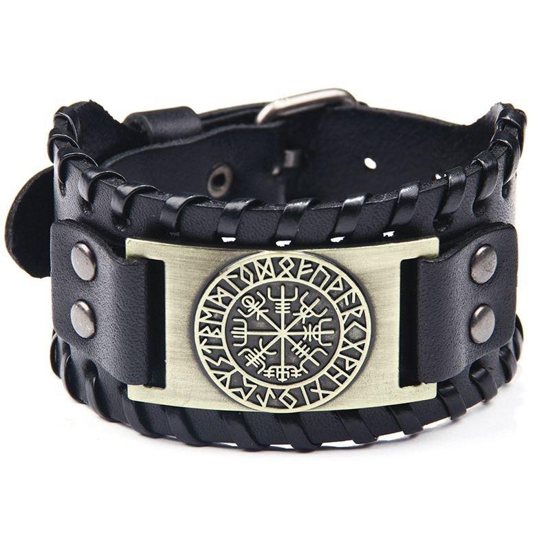 

Bangle Toten Design Nordic Viking Odin Compass Bracelet Men's Hand-Woven Wide Leather Wristband Adjustable Punk JewelryBangle