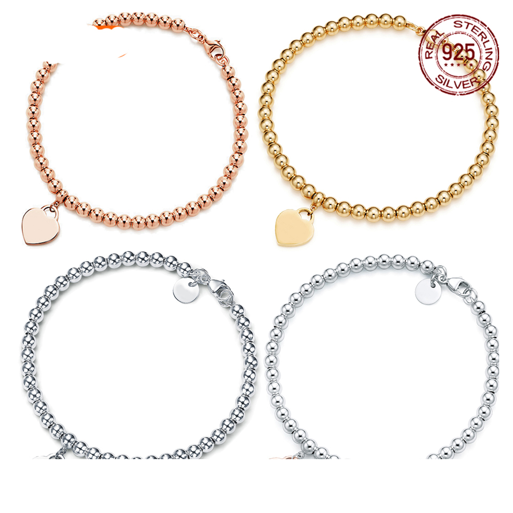 

S925 Sterling Silver Couple 4Mm Ball Bead Bracelet Love Pendant Design Fashion Simple And Generous Luxury Brand Party Gift