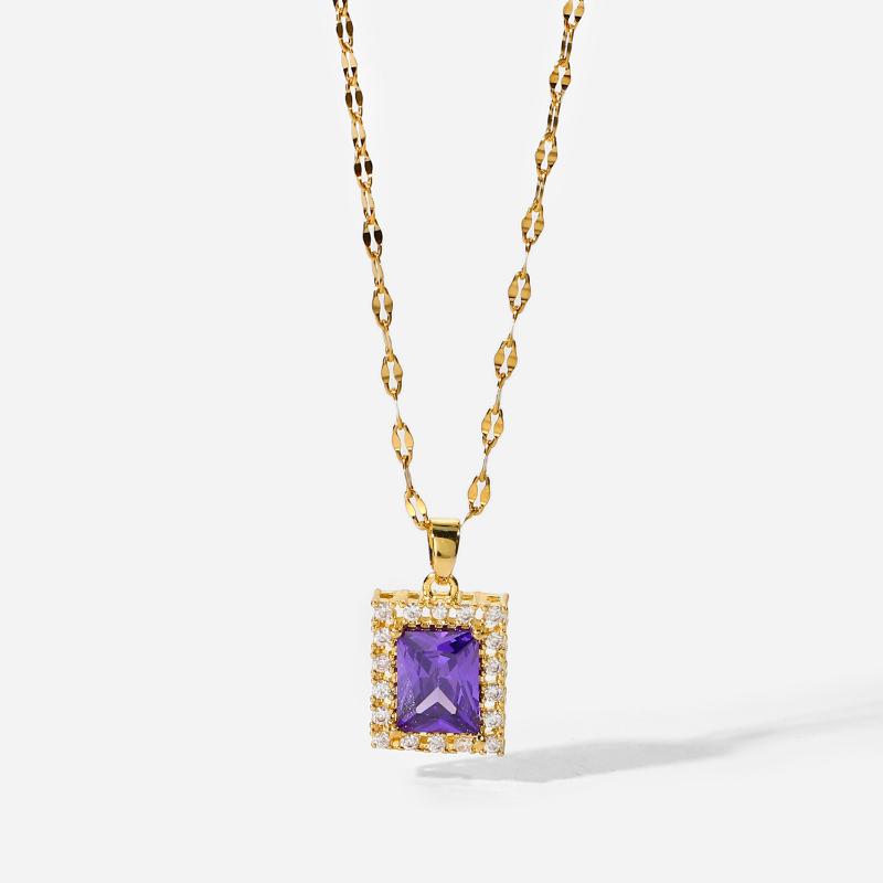 

Chains Trendy 18K Gold Plated Stainless Steel Gift Jewelry Charm Square Violet-colored Cubic Zirconia Pendant Necklace For Women