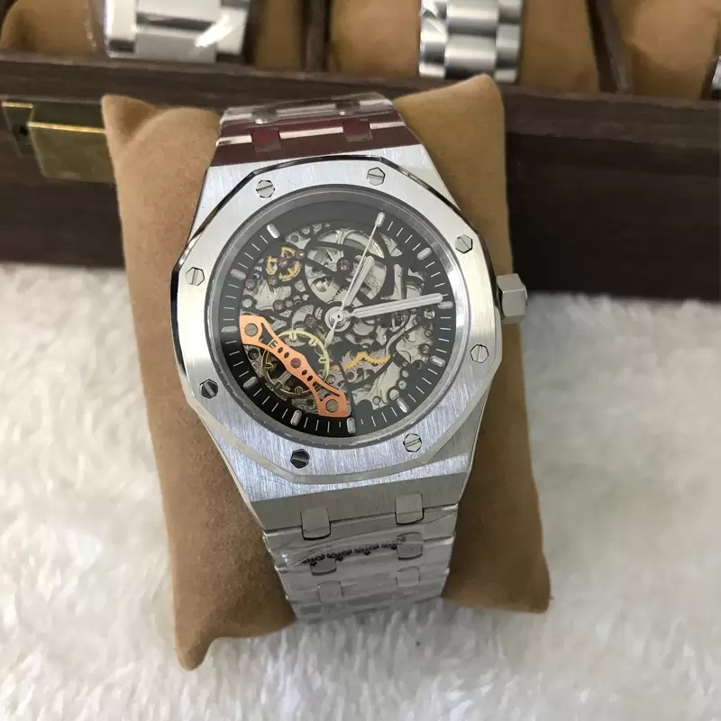 

Luxury Skeleton watch men Automatic movement Royal Sapphire glass luminous needles stainless steels bracelet wristwatches waterproof, 0.8mm