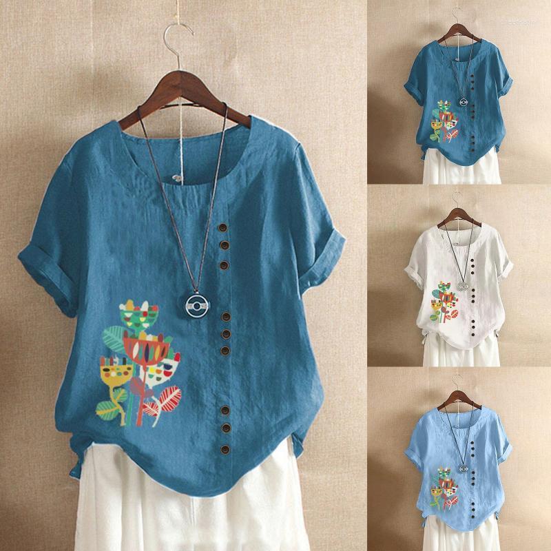 

Women' Blouses & Shirts Womens White Fitted Blouse Women Cotton Linen T Shirt Top Casual Print Short Sleeve Button Design Tee For WomenWome, Blue