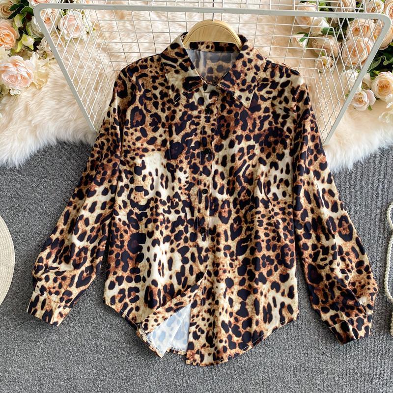 

Women's Blouses & Shirts Spring Autumn Single-Breasted Loose Female Turn-Down Collar Leopard Print Long Sleeved Blouse Casual Plus Size Shir, Red