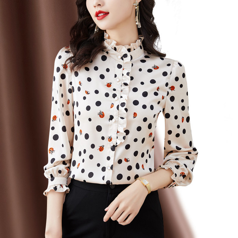 

2022 Mock Neck Ruffle Shirts Woman Polka Dot Fine Elegant Silk Blouses Spring Autumn Chic Office Ladies Button Down Shirt Tops Long Sleeve Designer Blouse For Women