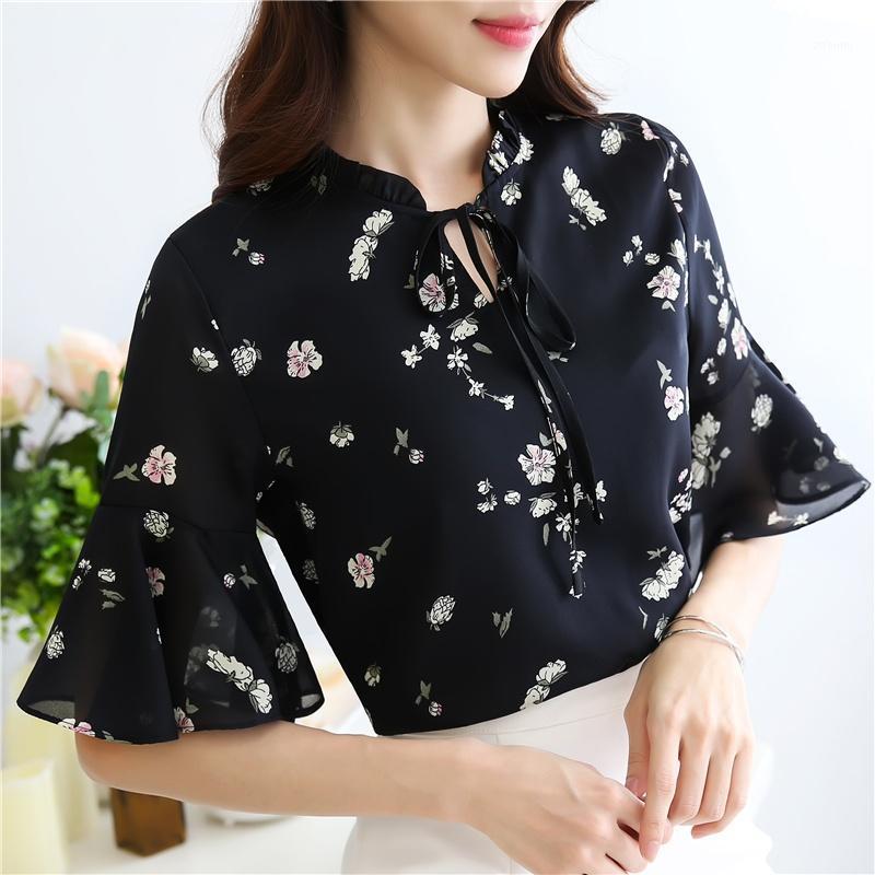 

Women' Blouses & Shirts Women Casual Basic Summer Chiffon Printed Blouse Top Shirt Bandage Plus Size, Black