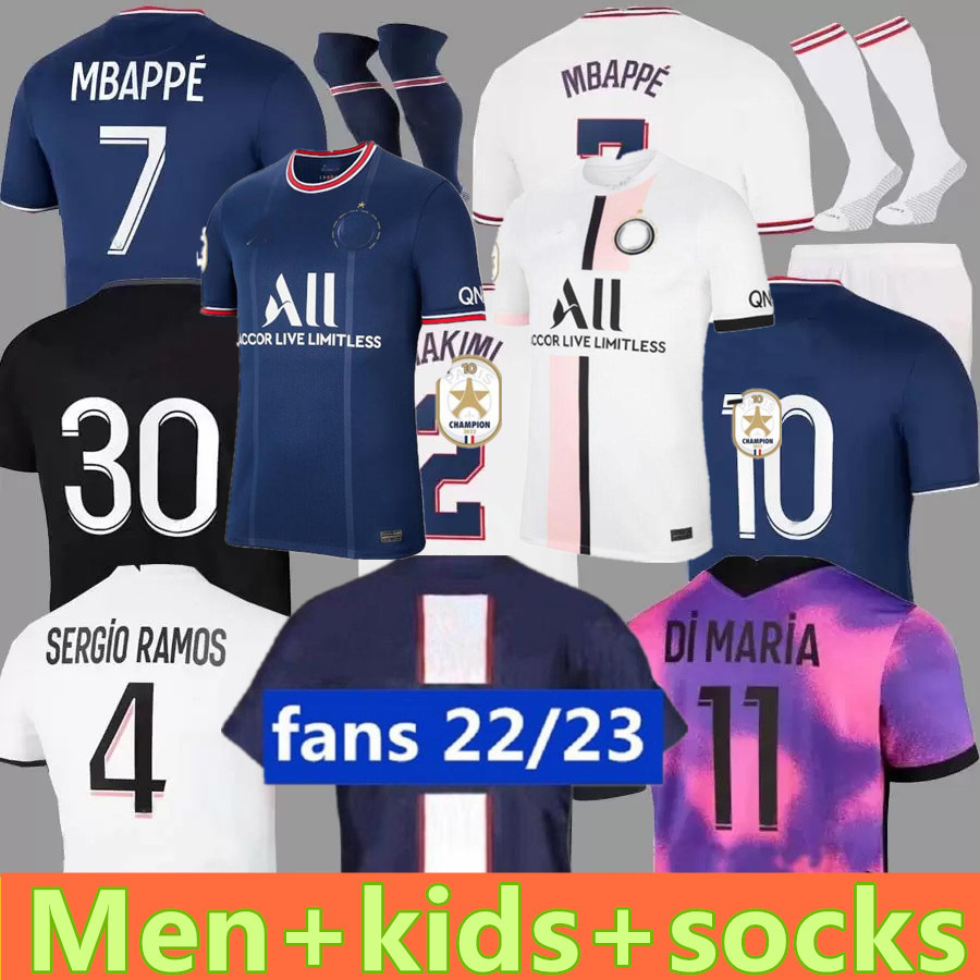 

adults and kids 21 22 23 PSGs MBAPPE soccer jerseys 2021 2022 2023 DI MARIA WIJNALDUM SERGIO RAMOS HAKIMI fourth Maillots football kit ICARD, 21-22 kids home