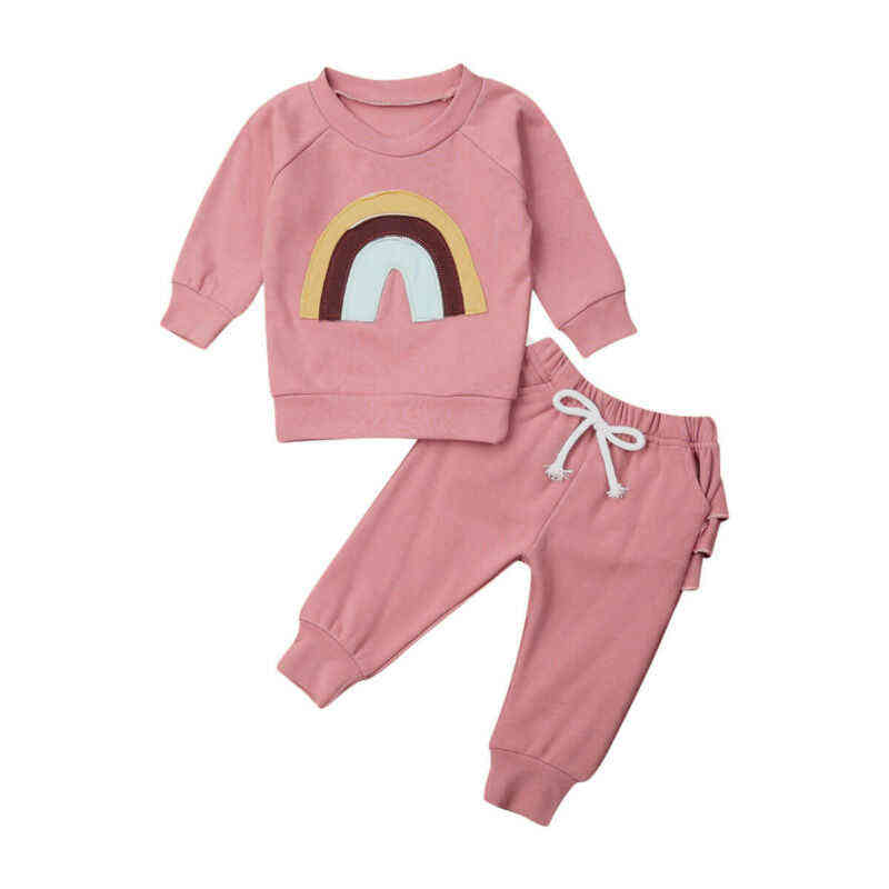 

Citgeett New Autumn Newborn Kids Baby Girl Clothes Rainbow Long Sleeve Sweatshirt Tops Ruffle Pants Outfits Set J220712, Red
