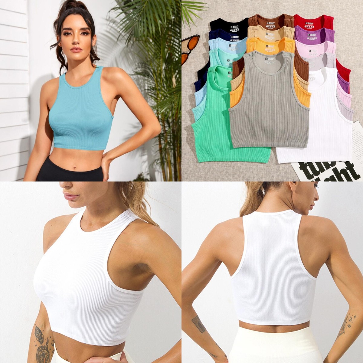 

Yoga Crop Top Women Solid Basic T-shirts Vest Seamless Streetwear Elastic Rib-Knit Sleeveless Casual Tank Tops Female 14 Colors, Yellow